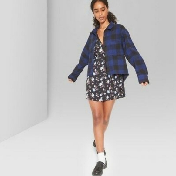 wild fable Tops - Navy Blue Plaid Flannel Button-Down Shirt